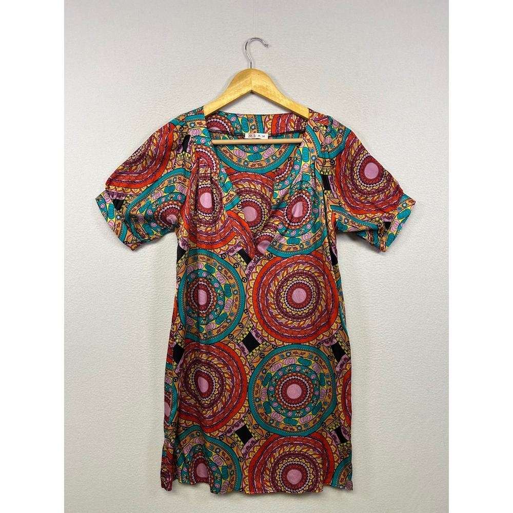 Artistic Psychedelic GLAM Women Medium Multicolor 100% Silk Medallion Mini Dress